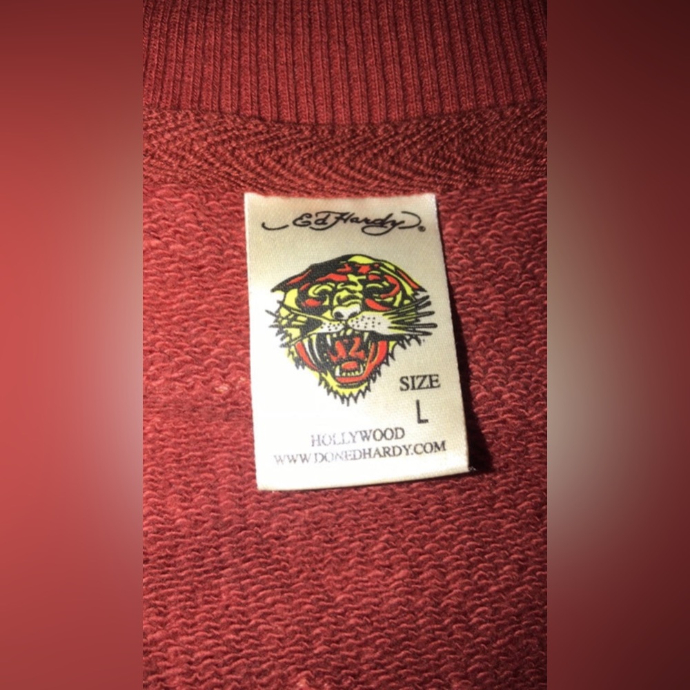 Ed-Hardy Sweater Jacket Large Zip- Up Skull Dragon Burgundy Christian- Audigier - Picture 3 of 3